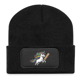 Einhorn Cricket Mit Bunter Regenbogenmähne - Recycelte Patch Beanie - Schwarz - Vorne