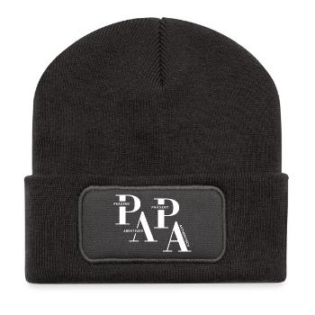 Gestaffeltes PAPA Design in Weiß für dunkle Mode - Recycelte Patch Beanie - Dunkelgrau - Vorne