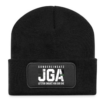  Sondereinsatz JGA – Letzter Einsatz vor der Ehe - Recycelte Patch Beanie - Schwarz - Vorne