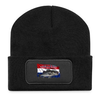 Pêche au bar de mer en Hollande - Conception de la pêche côtière - Beanie recyclé à patch - noir - Devant