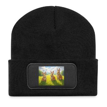 Trois lapins dans le champ de printemps - Beanie recyclé à patch - noir - Devant
