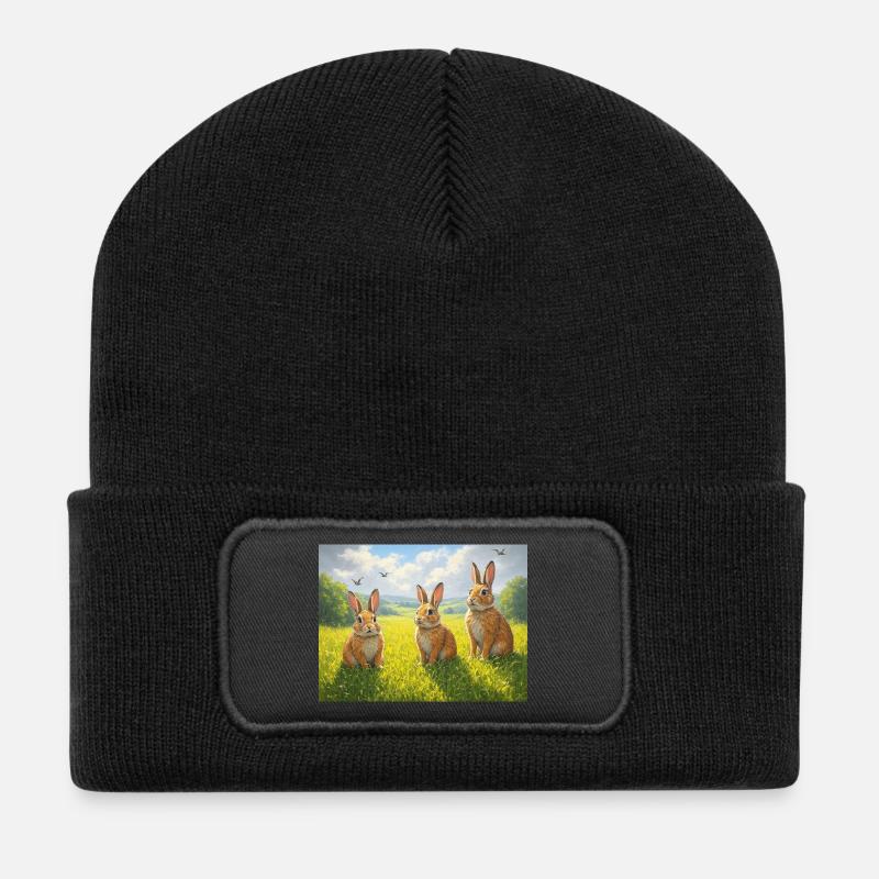 Trois lapins dans le champ de printemps - Beanie recyclé à patch - noir
