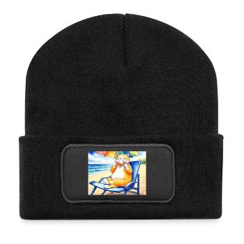 Katze am Strand mit Eiscreme - Recycelte Patch Beanie - Schwarz - Vorne