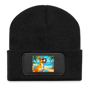 Beach dog with surfboard and sunglasses - Recycled Patch Beanie - black - Front