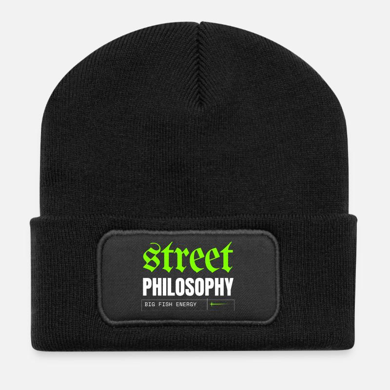 Stadtphilosophie und Energiefisch - Recycelte Patch Beanie - Schwarz