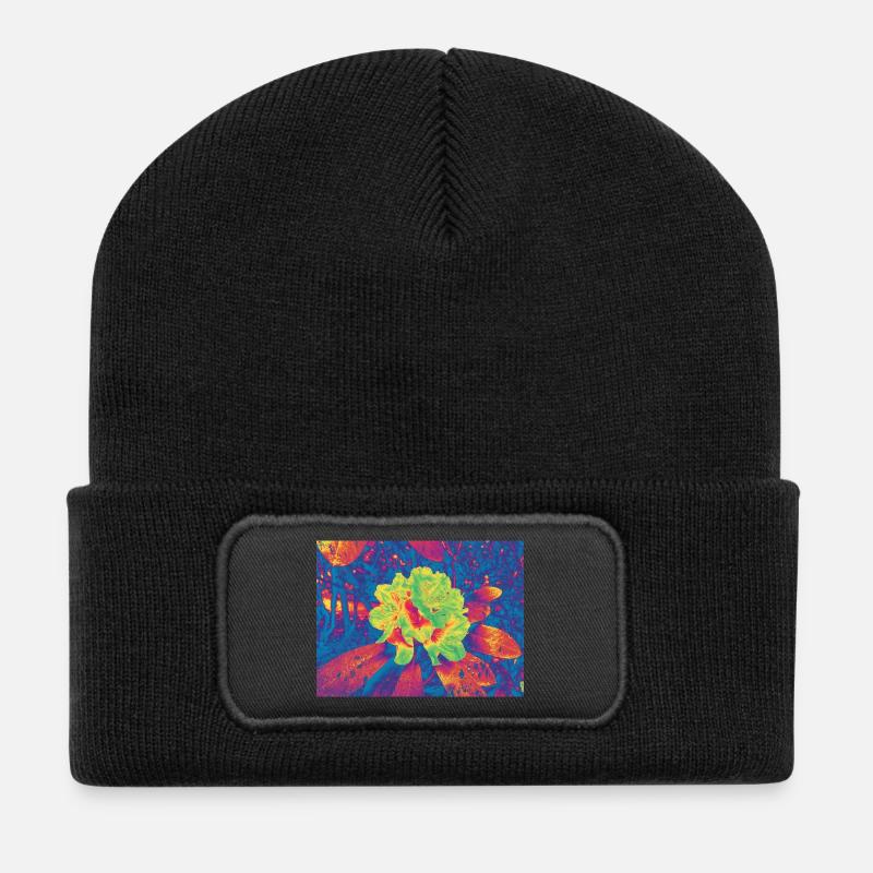 Neon Bloom Psychedelische Blume - Recycelte Patch Beanie - Schwarz