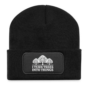 Ich mache aus Bäumen Dinge Zimmermann Humor Tischler - Recycelte Patch Beanie - Schwarz - Vorne