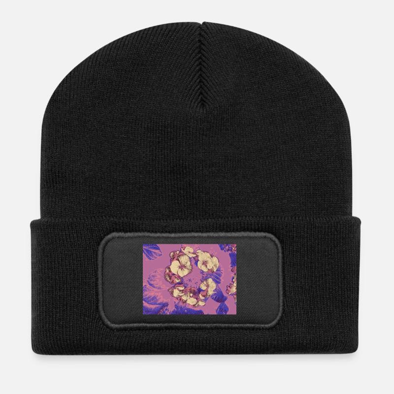 Pastel Blossoms Gold Sketch - Recycled Patch Beanie - black