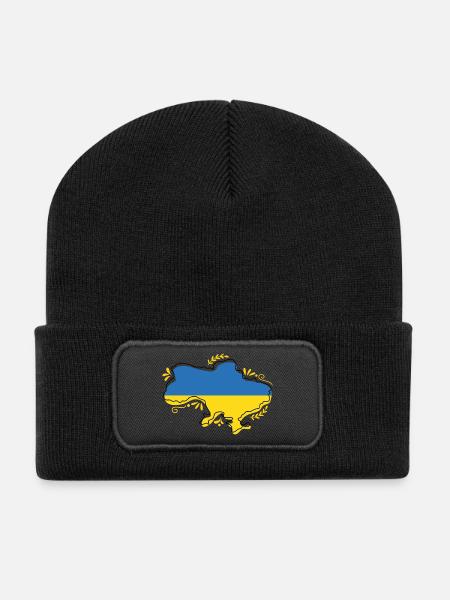Ukraine-Flaggenkarte Silouette mit Blumenumriss - Recycelte Patch Beanie - Schwarz