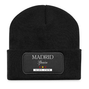 Madrid Spanien Souvenir – Reise minimalistisch - Recycelte Patch Beanie - Schwarz - Vorne