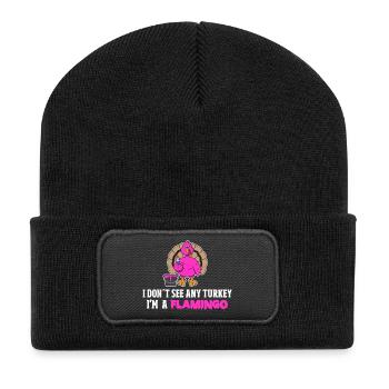 Thanksgiving Rosa Türkei versteckt sich als Flamingo Geschenk - Recycelte Patch Beanie - Schwarz - Vorne