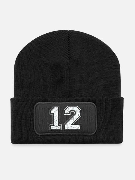 12 in weiß im Vintage-Look - Recycelte Patch Beanie - Schwarz