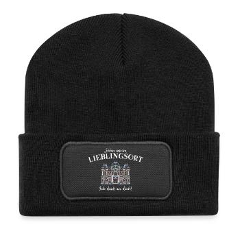 Ich denk an dich, Lieblingsort - Recycelte Patch Beanie - Schwarz - Vorne