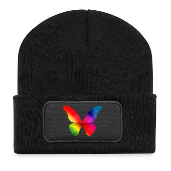 Schmetterling Form in kräftigen Regenbogen Farben - Recycelte Patch Beanie - Schwarz - Vorne