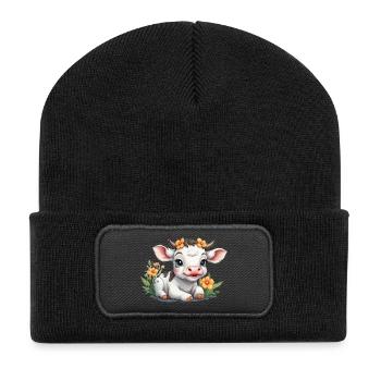 Cute baby cow calf on flower meadow - Recycled Patch Beanie - black - Front