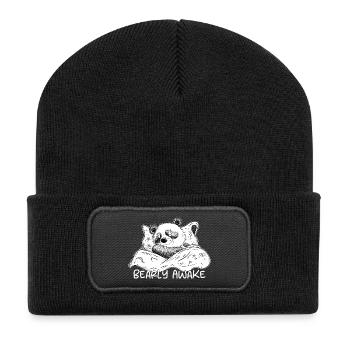 Panda Bear Sleeps With Saying Bearly Awake - Recycled Patch Beanie - black - Front