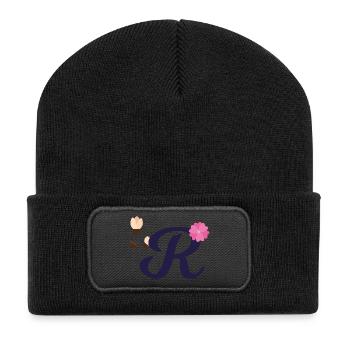 Eleganter Buchstabe 'R' mit Blumen - Recycelte Patch Beanie - Schwarz - Vorne