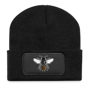 Stilisierte Biene - Insektenmotiv im Patch-Stil - Recycelte Patch Beanie - Schwarz - Vorne