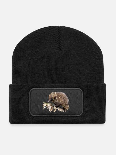 Igel in Aquarell auf Fels - Recycelte Patch Beanie - Schwarz