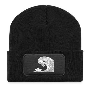 Bateau en papier et océan blanc - Beanie recyclé à patch - noir - Devant