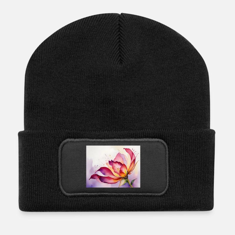 Wasserfarbige Blütenpracht - Recycelte Patch Beanie - Schwarz