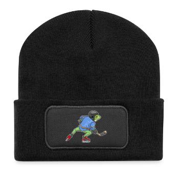 Frosch Eishockey Eishockeyschläger Sport - Recycelte Patch Beanie - Schwarz - Vorne
