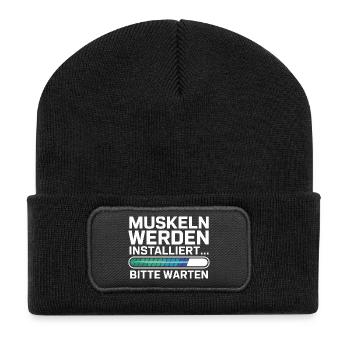 Les muscles sont en train d’être installés, attends s’il te plaît, plus drôle - Beanie recyclé à patch - noir - Devant