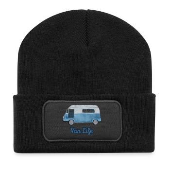 Van Life Aquarell Vintage-Camper Reisen - Recycelte Patch Beanie - Schwarz - Vorne