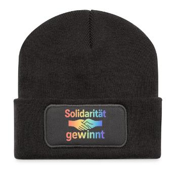 Zusammenhalt Spruch Hände Motiv - Recycelte Patch Beanie - Dunkelgrau - Vorne