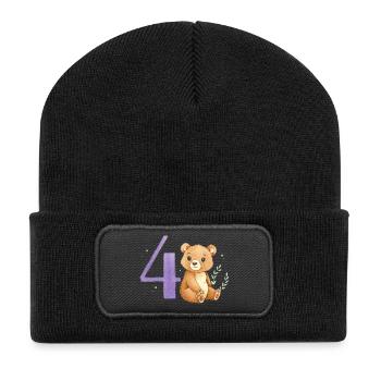 Watercolor Bear with Number 4 - Recycled Patch Beanie - black - Front