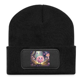 Fluffiges Waldkätzchen im Feenwald - Recycelte Patch Beanie - Schwarz - Vorne