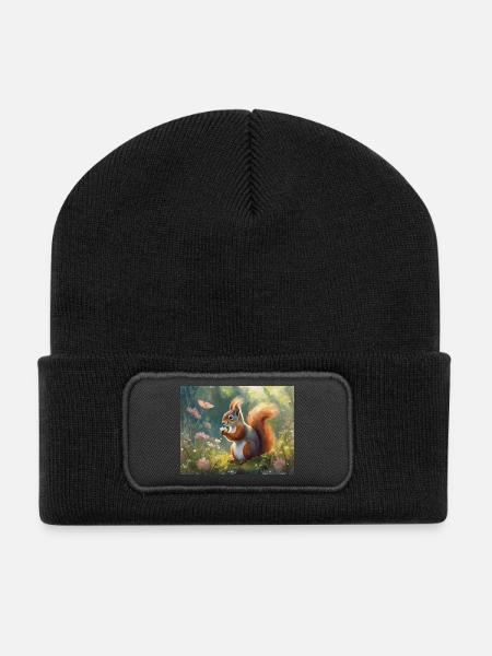 Squirrels in the flower garden - Recycled Patch Beanie - black