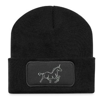 Laufendes Einhorn Linienzeichnung - Recycelte Patch Beanie - Schwarz - Vorne