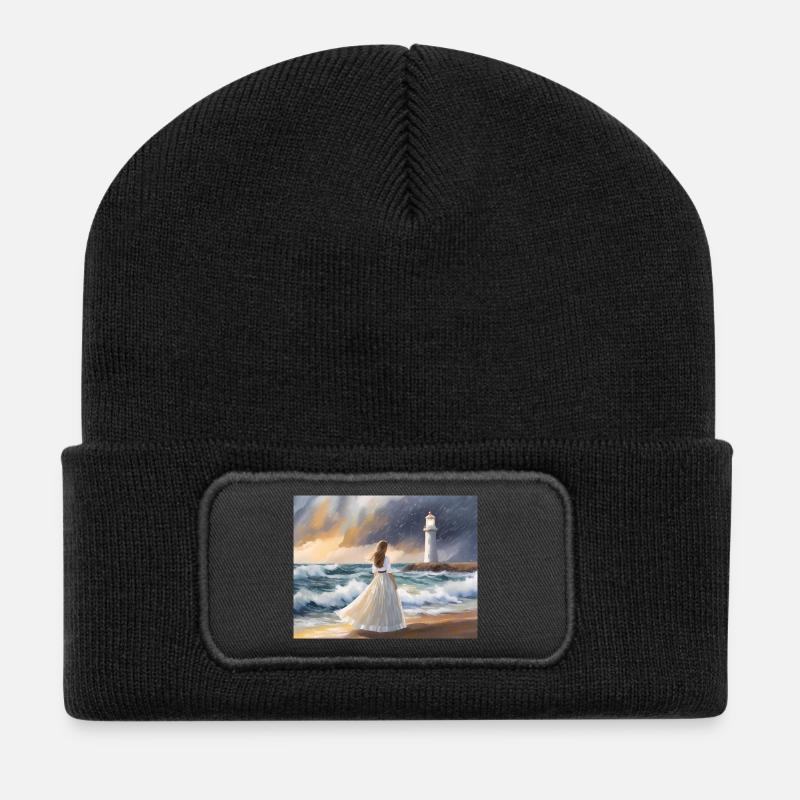 Die Frau und der Leuchtturm  - Recycelte Patch Beanie - Schwarz