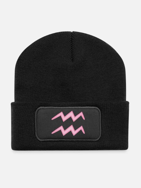 Aquarius Zodiac Sign Symbol Pastel Pink - Recycled Patch Beanie - black