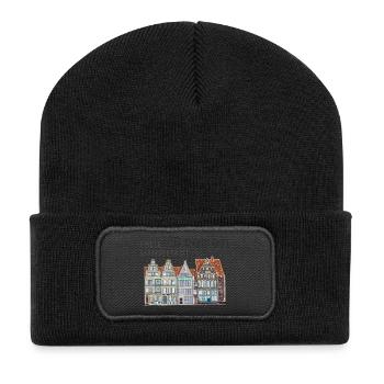 Bremer Markt Fassaden handgezeichnet - Recycelte Patch Beanie - Schwarz - Vorne