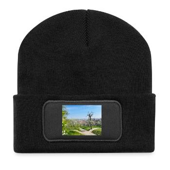 Spring view with a blooming orchard - Recycled Patch Beanie - black - Front