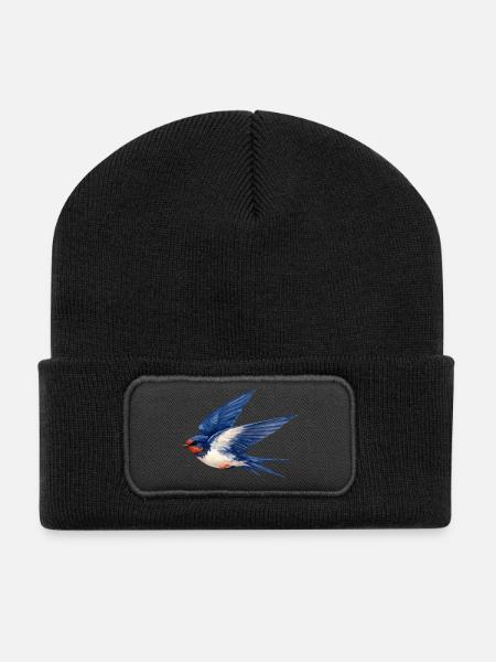 Wasserfarbene Blauschwalbe - Recycelte Patch Beanie - Schwarz