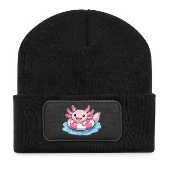 Süßer Axolotl im Schwimmring - Recycelte Patch Beanie - Schwarz - Vorne