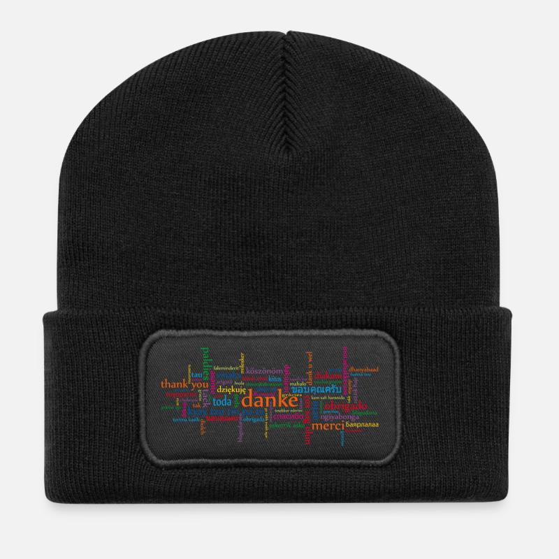 Danke in versch. Sprachen - Recycelte Patch Beanie - Schwarz