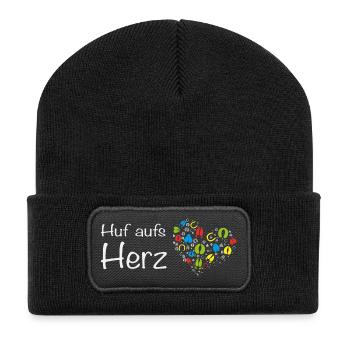 Huf aufs Herz - Hand aufs Herz! Wortspiel Tiere - Recycelte Patch Beanie - Schwarz - Vorne