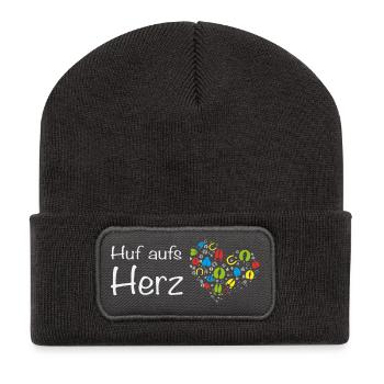 Huf aufs Herz - Hand aufs Herz! Wortspiel Tiere - Recycelte Patch Beanie - Dunkelgrau - Vorne