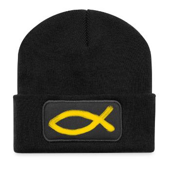 poisson Jésus jaune poisson Ichthys poisson - Beanie recyclé à patch - noir - Devant