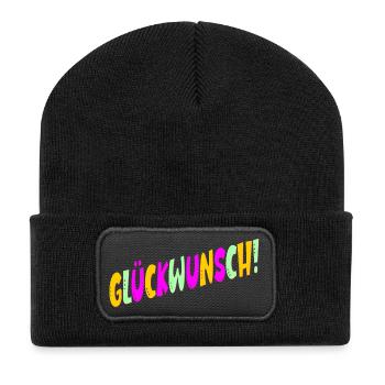 Geburtstagsgrüße Schriftzug Glückwunsch Abschluss - Recycelte Patch Beanie - Schwarz - Vorne