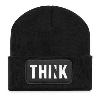 THINK | Cooles Streetwear-Typo-Design - Recycelte Patch Beanie - Schwarz - Vorne