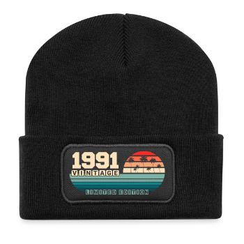 34. Geburtstag 1991 Vintage 1991 Retro Sunset - Recycelte Patch Beanie - Schwarz - Vorne