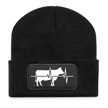 Kuh Herzschlag EKG Landwirt Puls Vektor - Recycelte Patch Beanie - Schwarz - Vorne