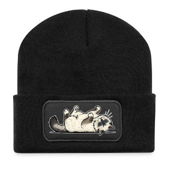 Grauer getigerter Katzen-Jäger-Jäger-Porträt - Recycelte Patch Beanie - Schwarz - Vorne