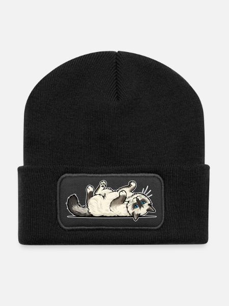 Grauer getigerter Katzen-Jäger-Jäger-Porträt - Recycelte Patch Beanie - Schwarz