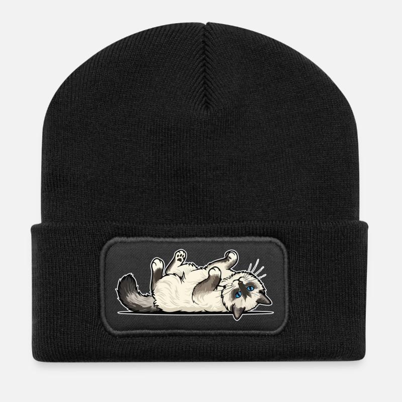 Grauer getigerter Katzen-Jäger-Jäger-Porträt - Recycelte Patch Beanie - Schwarz